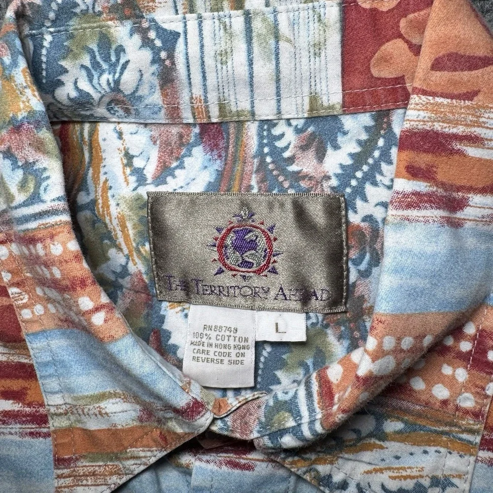 The Territory Ahead Button Up Orange Tribal Floral Pattern Short Sleeve Sz Large